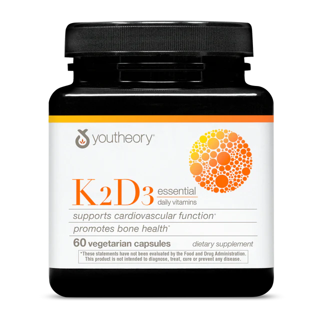 Youtheory K2D3 Essential Zero Sugar, supports cardiovascular, bone and immune health with daily vitamins, 60 gummies.